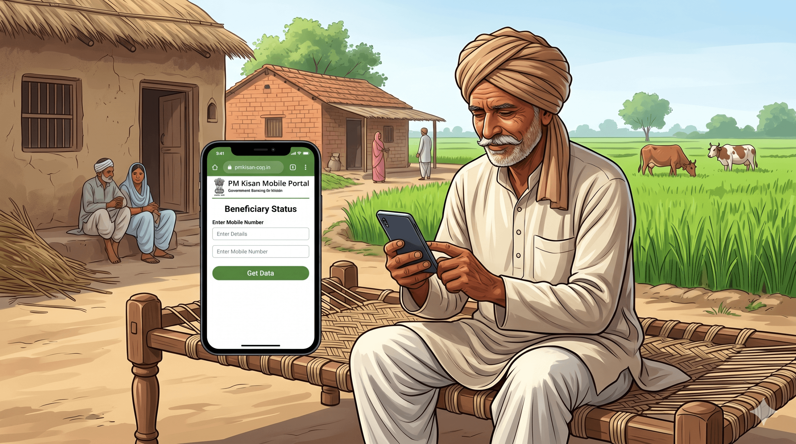 Farmer checking PM Kisan beneficiary status on mobile phone