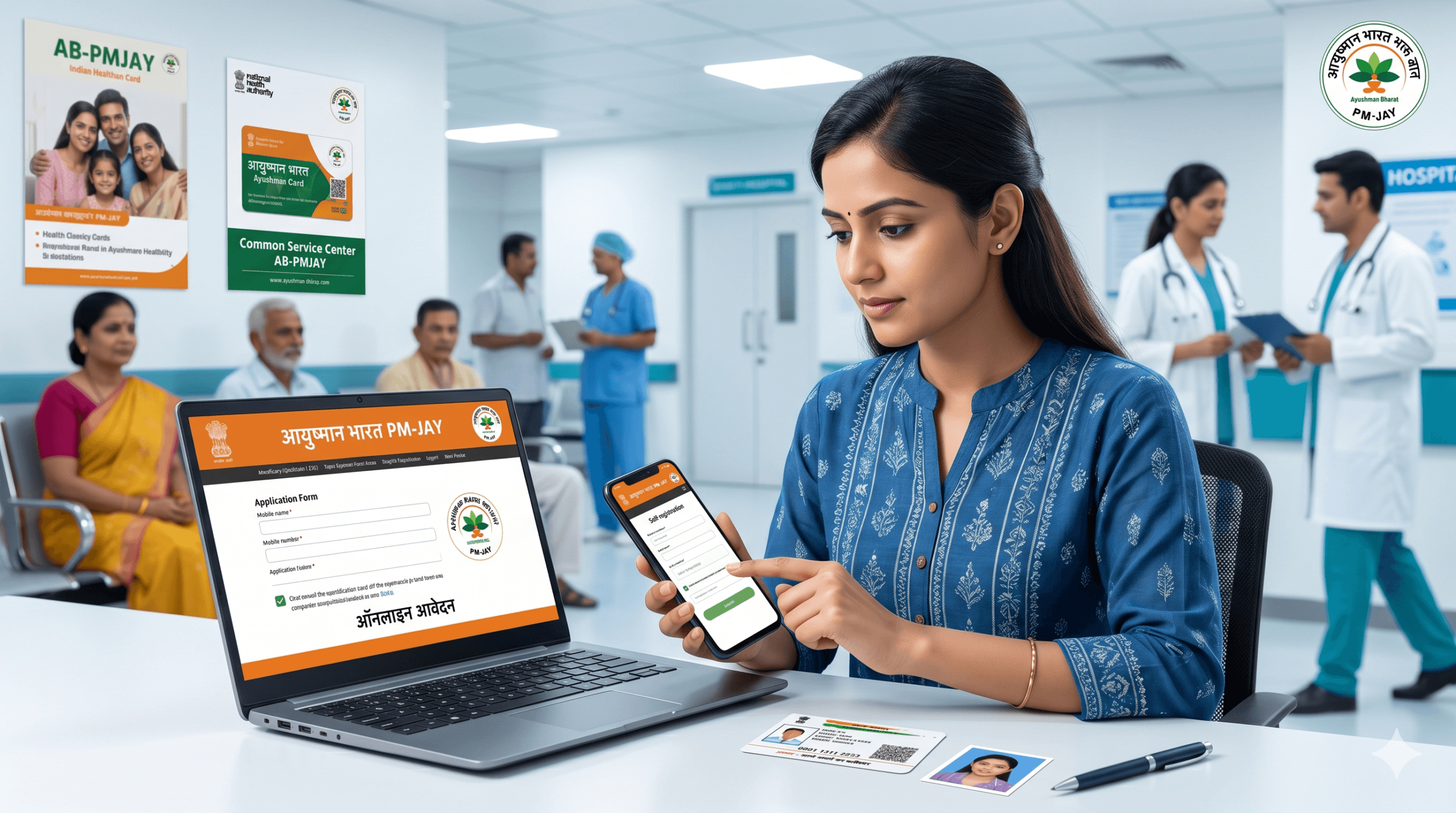 Indian citizen applying for Ayushman Card online using smartphone and laptop